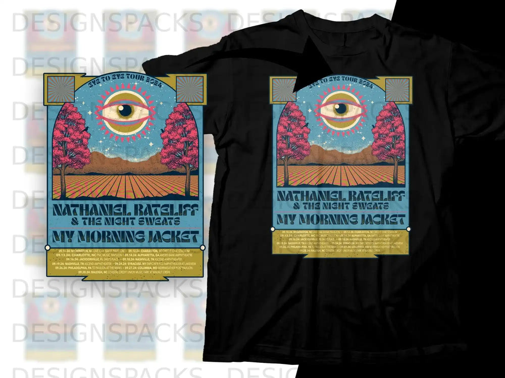 Nathaniel Rateliff & The Night Sweats tour shirt with eye and tree graphics.