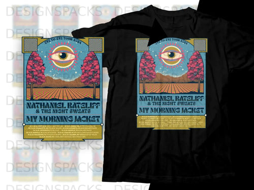 Nathaniel Rateliff & The Night Sweats tour shirt with eye and tree graphics.