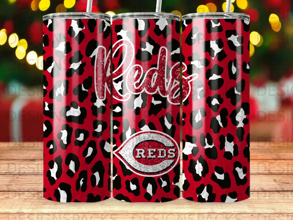 Red Cincinnati Reds tumbler with leopard print pattern.