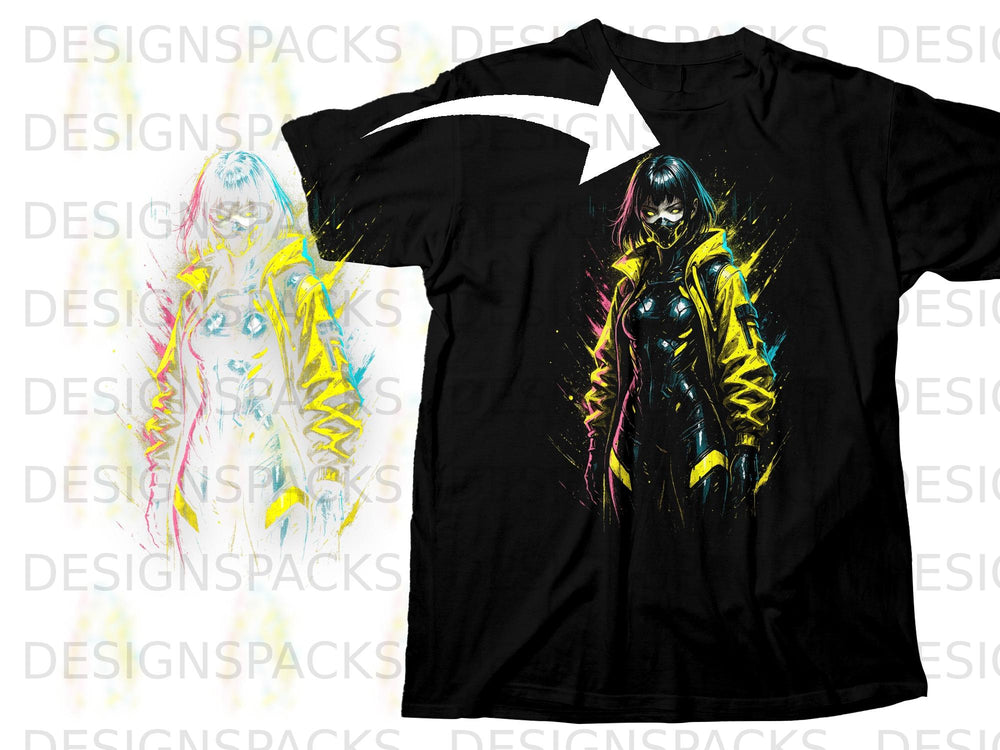 Black t-shirt with cyberpunk character graphic in yellow, black, and pink.