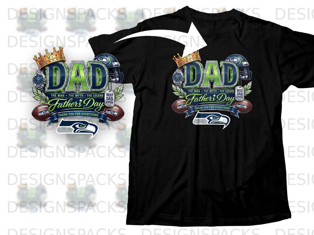 Black t-shirt with "Dad Father's Day" design featuring Seattle Seahawks elements and football.