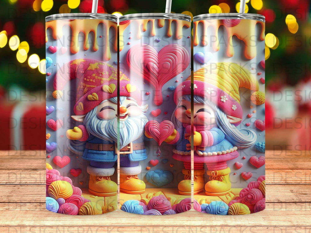 Two gnomes in colorful outfits hold hearts amidst candy and dripping frosting.