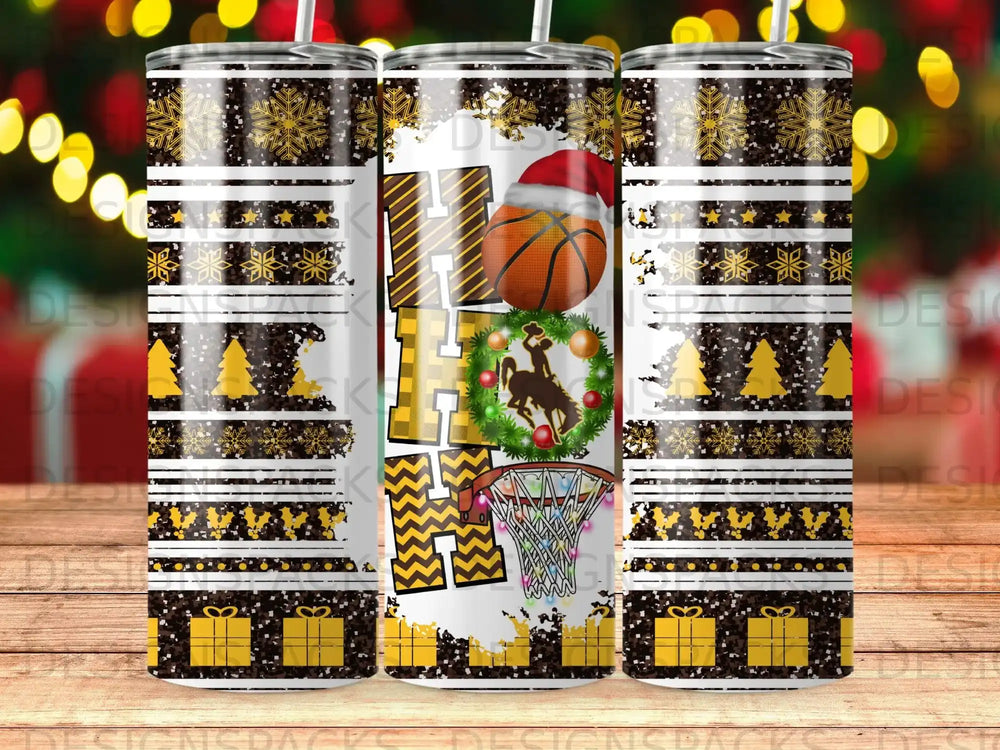 Christmas-themed tumbler with basketball, presents, and festive patterns.