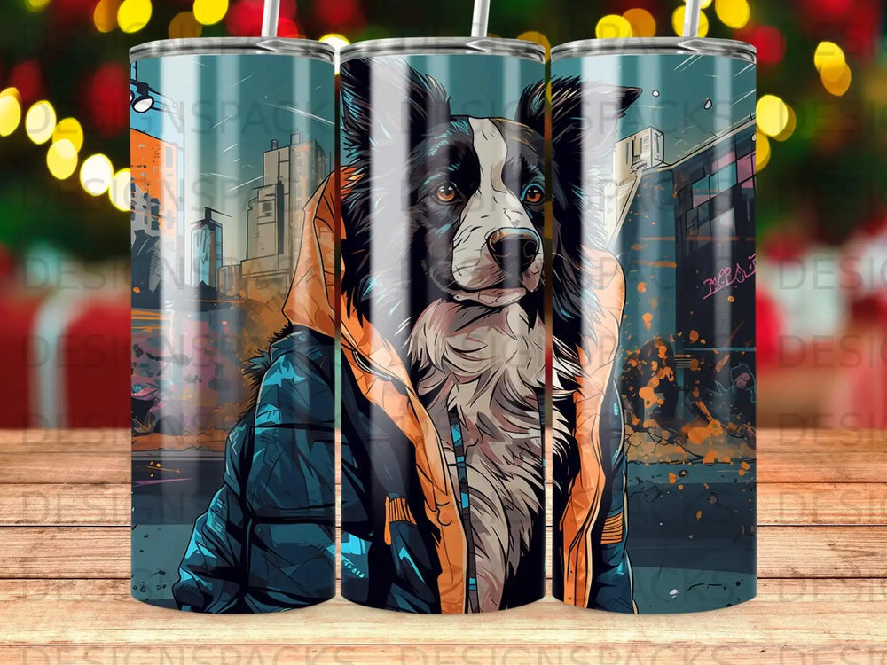 Border collie wearing an orange hooded jacket in a city landscape.