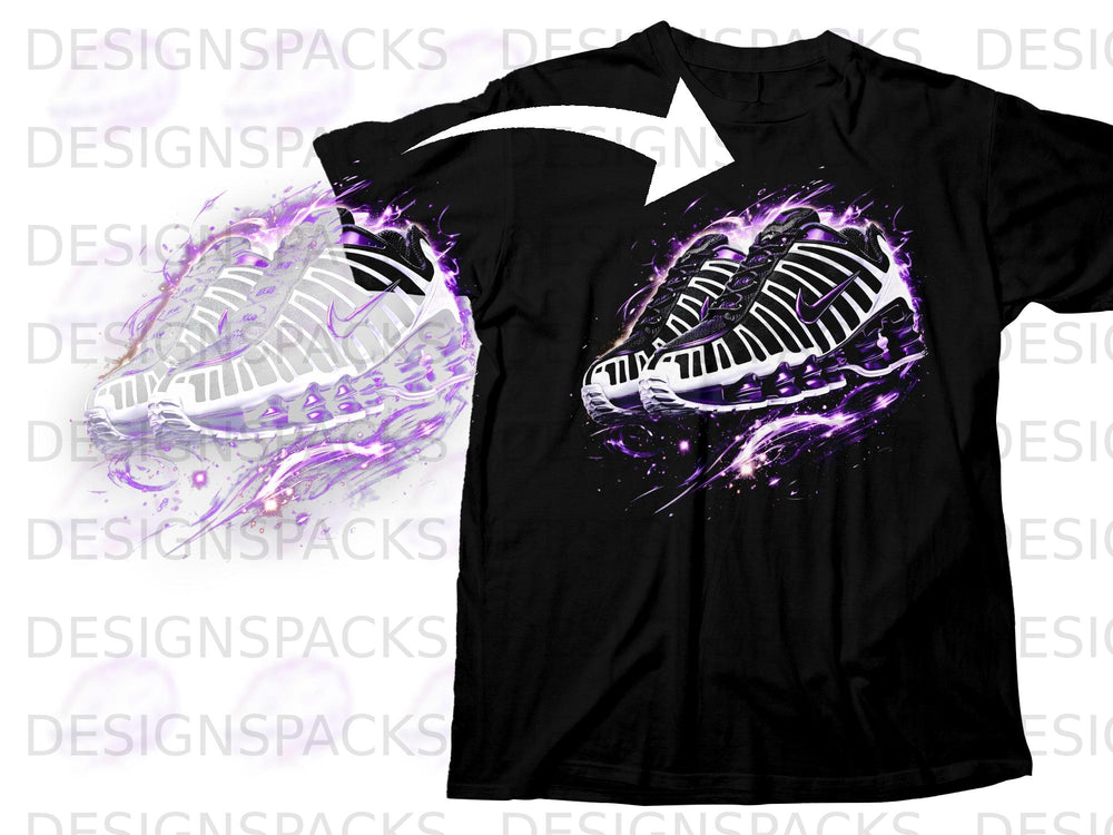 Black t-shirt featuring a graphic of white sneakers with purple lightning accents.