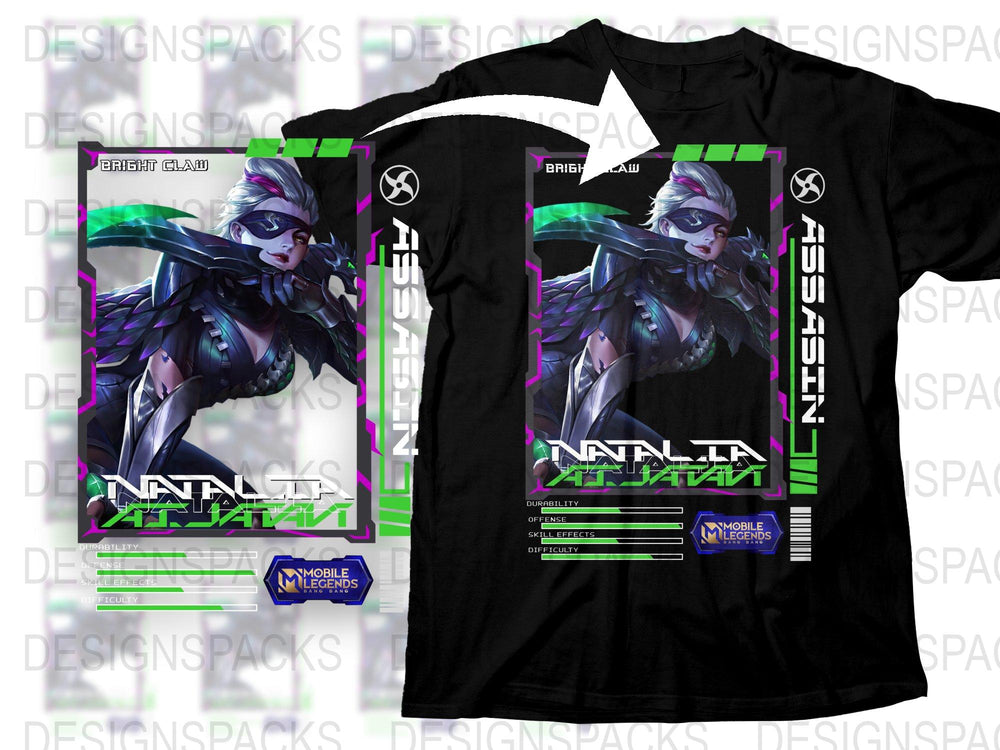Mobile Legends Natalia T-Shirt, Gaming Graphic Tee, Black Cotton Shirt, Cyber Style Design, Gamer Apparel, Unisex Fit