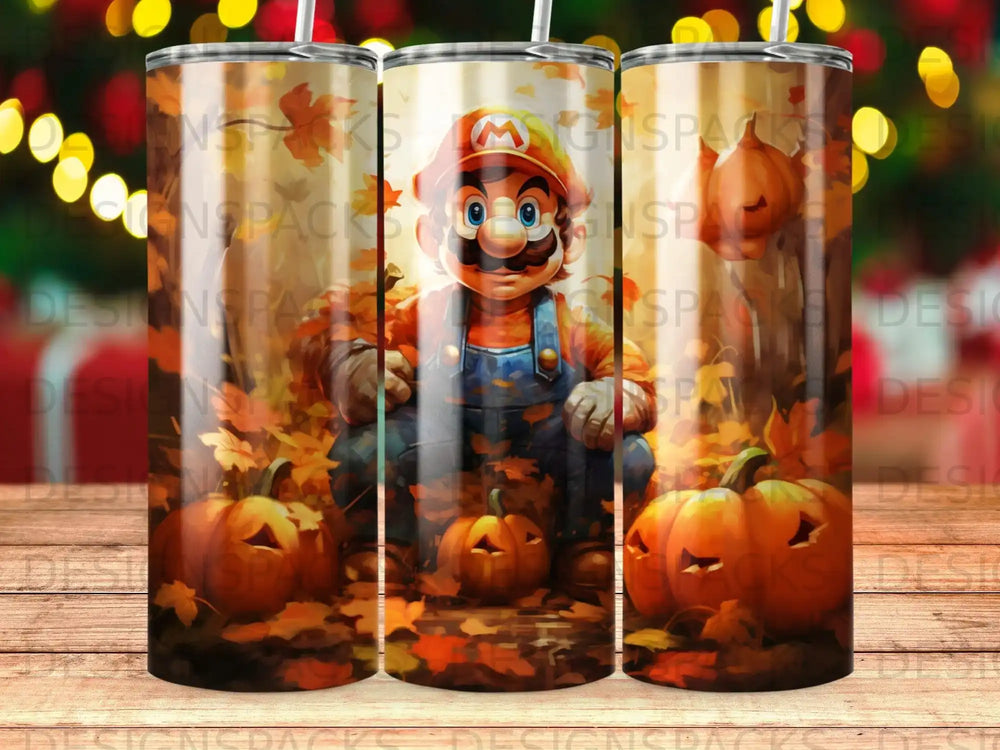 Mario in overalls crouches amongst pumpkins and autumn leaves on a tumbler wrap.