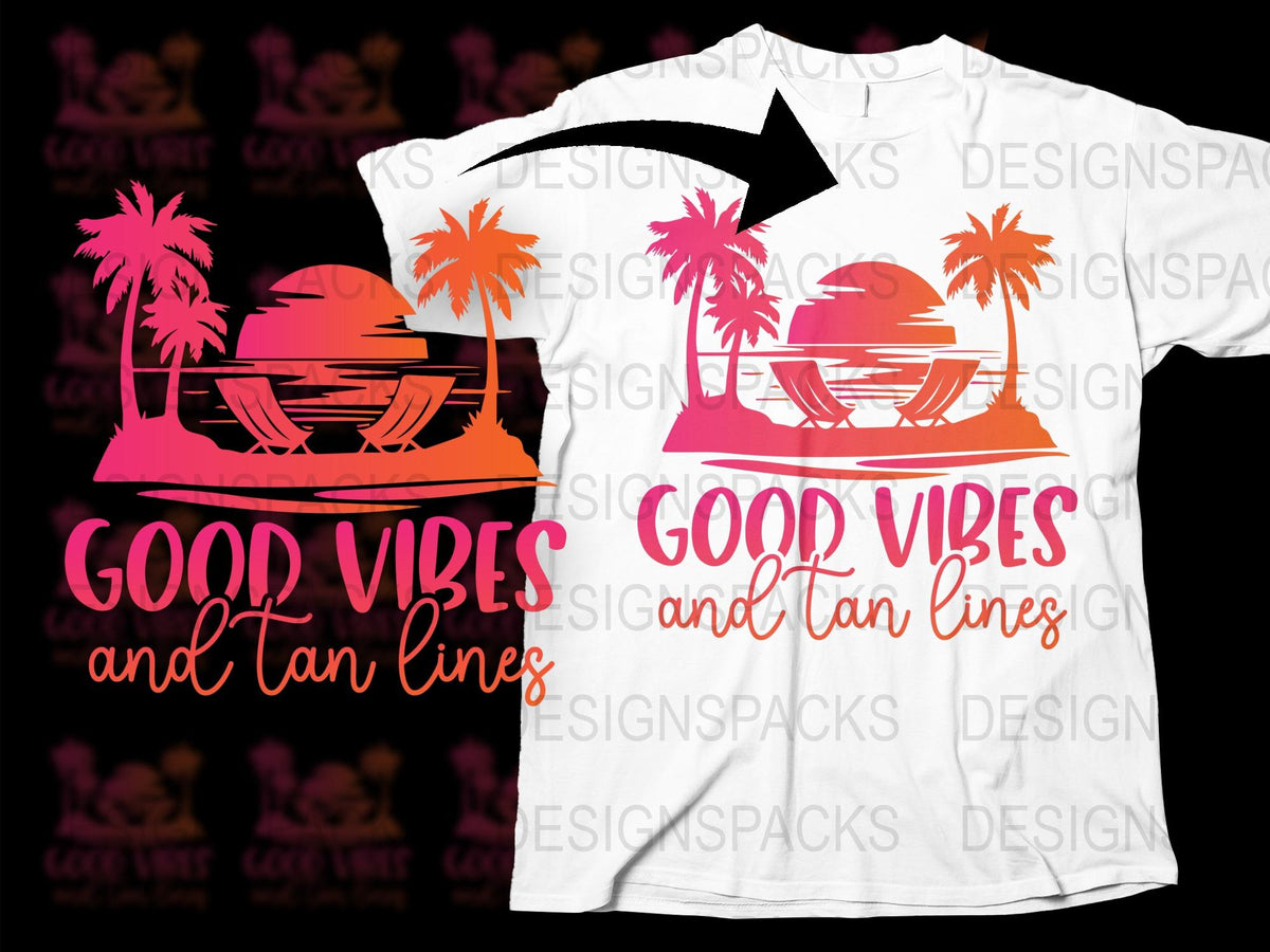 Tropical Good Vibes and Tan Lines T-Shirt, Beach Graphic Tee, Sunset Palm Trees, Summer Vacation Fashion, Unisex T-Shirt Design