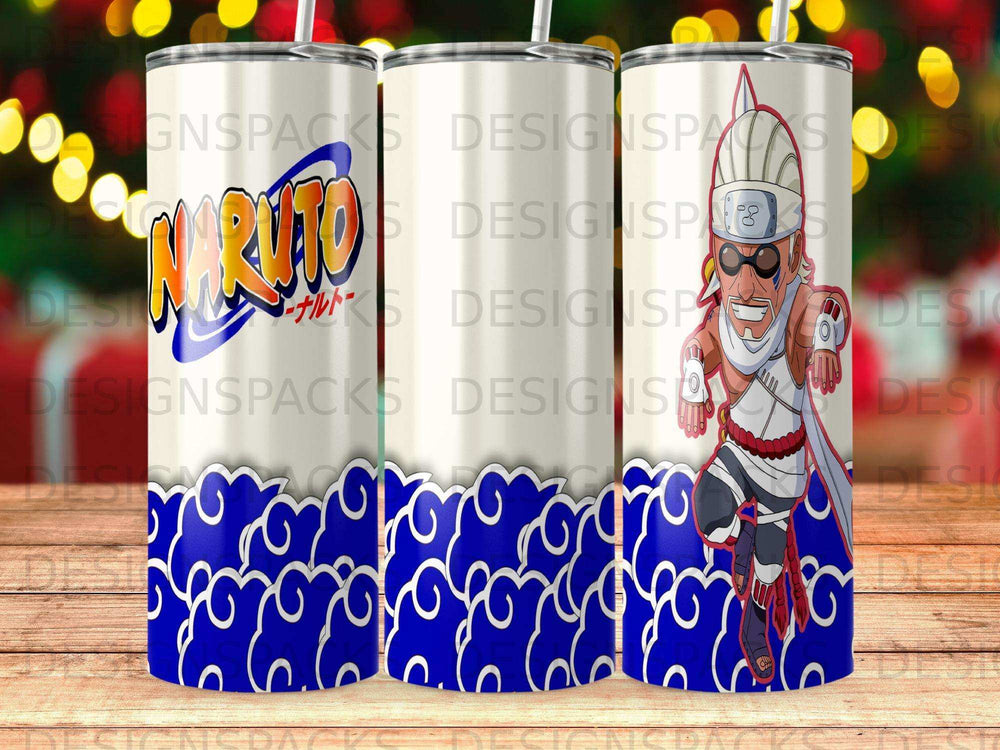 Naruto character with blue swirl pattern on a white tumbler.