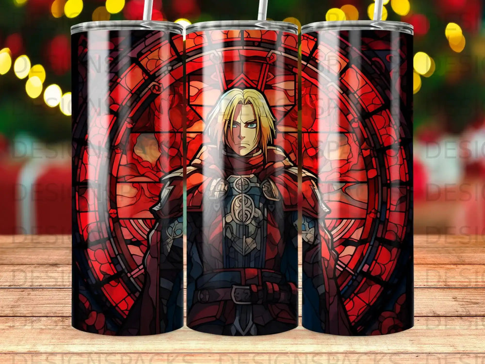 Anime character with blond hair and red armor against a stained glass background.