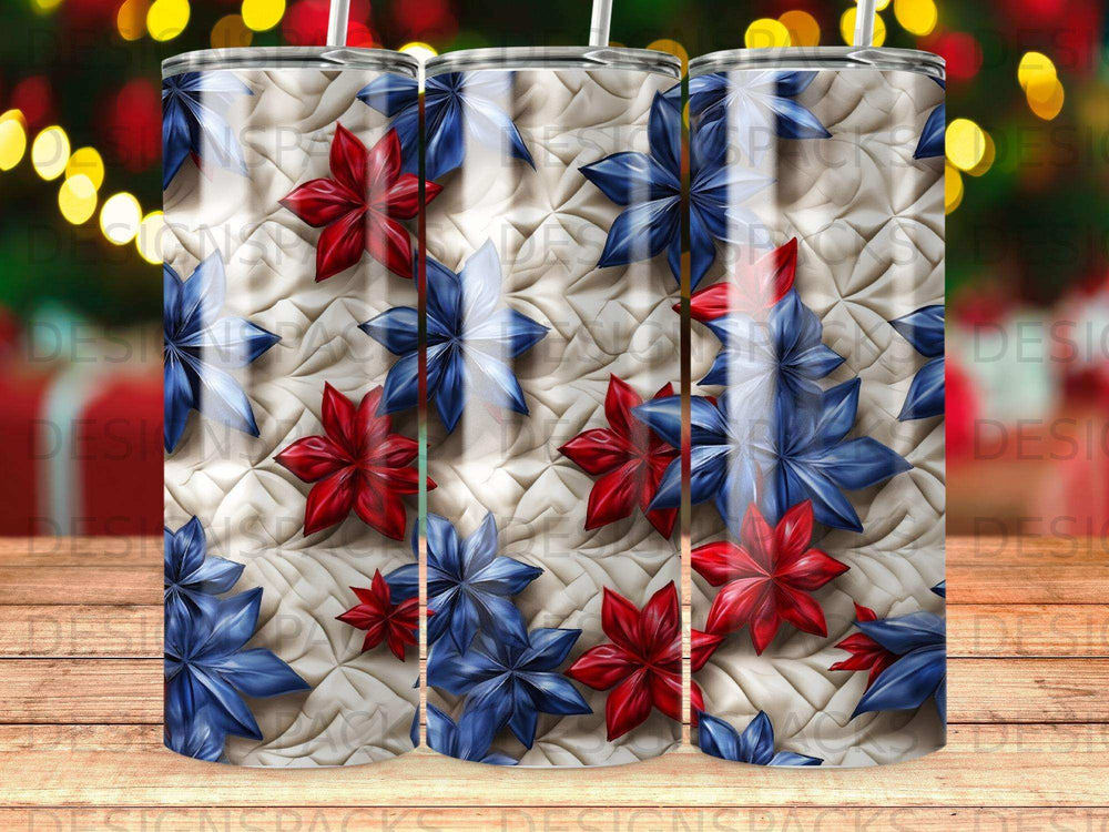 Red and blue stars on textured white background tumbler design.