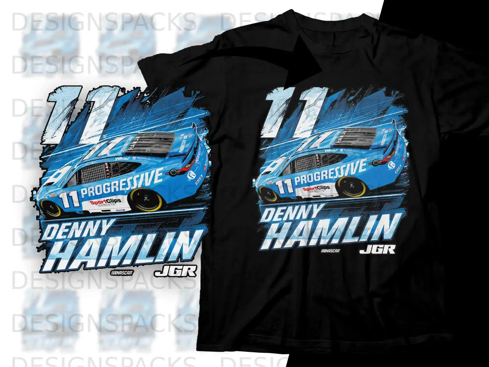 Denny Hamlin #11 NASCAR car and t-shirt design with Progressive branding.
