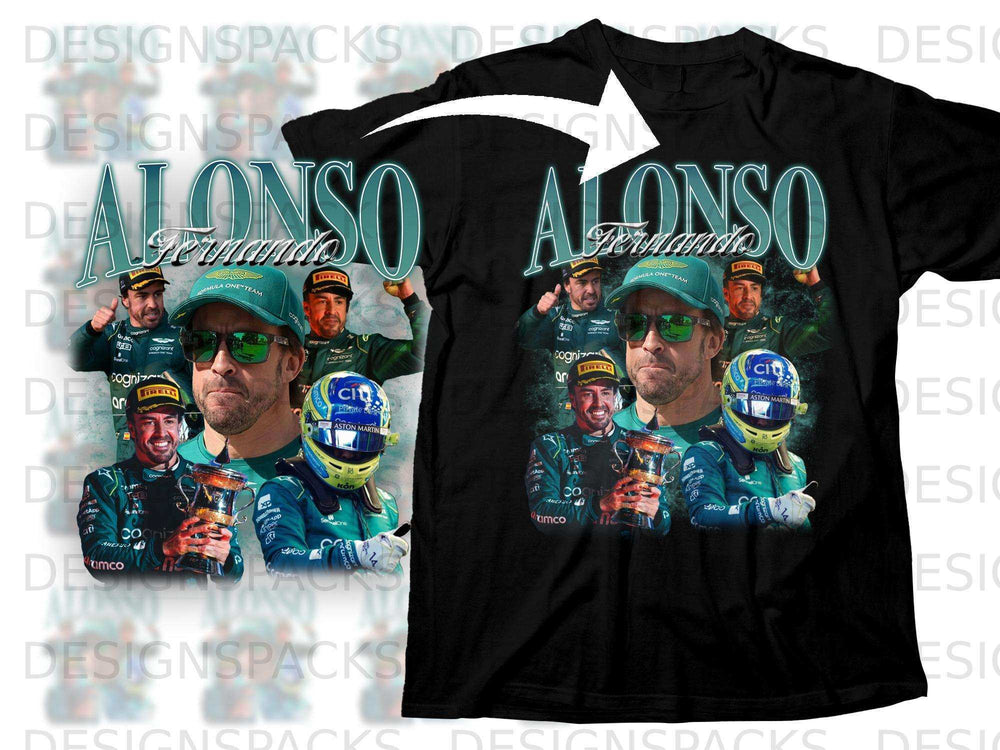 Fernando Alonso in Aston Martin racing gear, holding trophies on a black t-shirt.