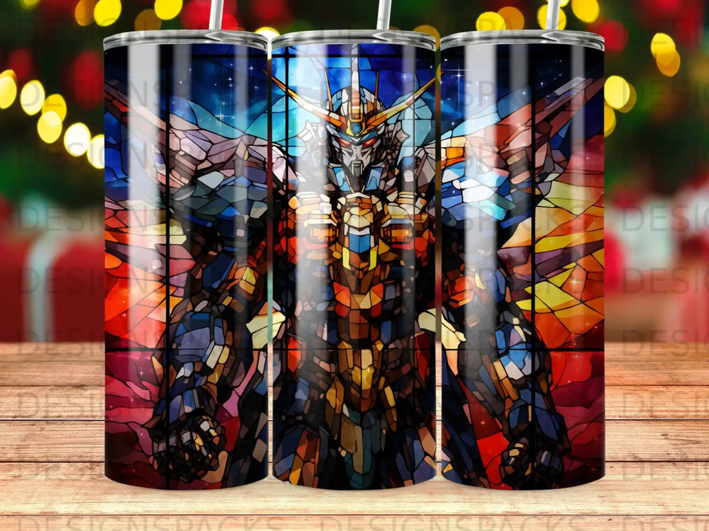 Robot warrior in stained glass mosaic against a bokeh background.