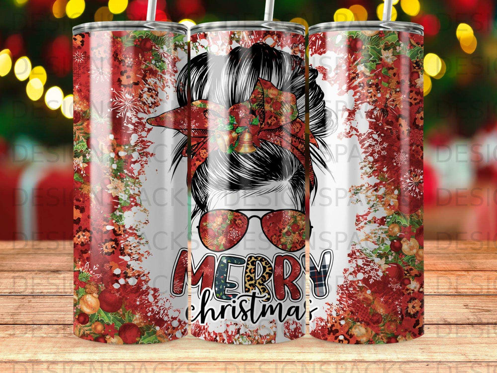Woman with messy bun and sunglasses on holiday-themed tumbler.