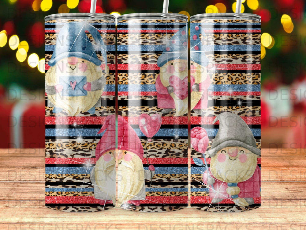 Gnomes with hearts, balloons, and glitter on striped and leopard print background.