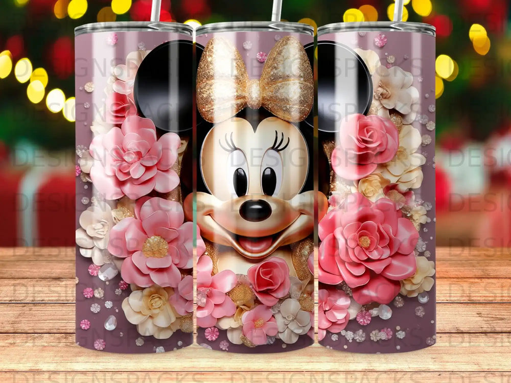 Minnie Mouse decorated with pink and cream flowers and gold bow.