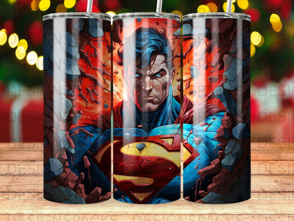 Superman's powerful face emerging from a cracked, brick wall.