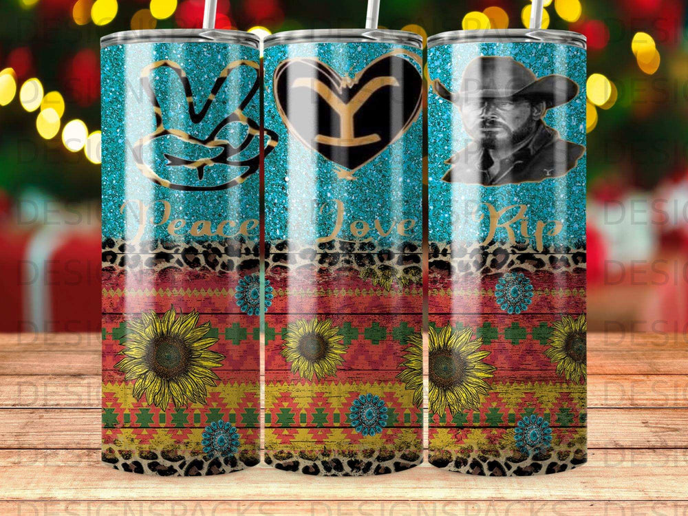 Peace love joy tumbler with sunflowers and cowboy hat graphic.