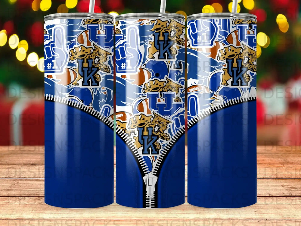 University of Kentucky Wildcats themed tumbler with blue, white, and gold football elements.