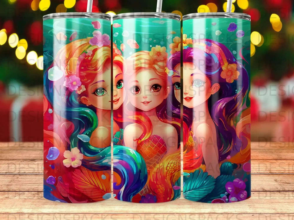 Three mermaids with colorful hair and tails swim among bubbles and flowers.