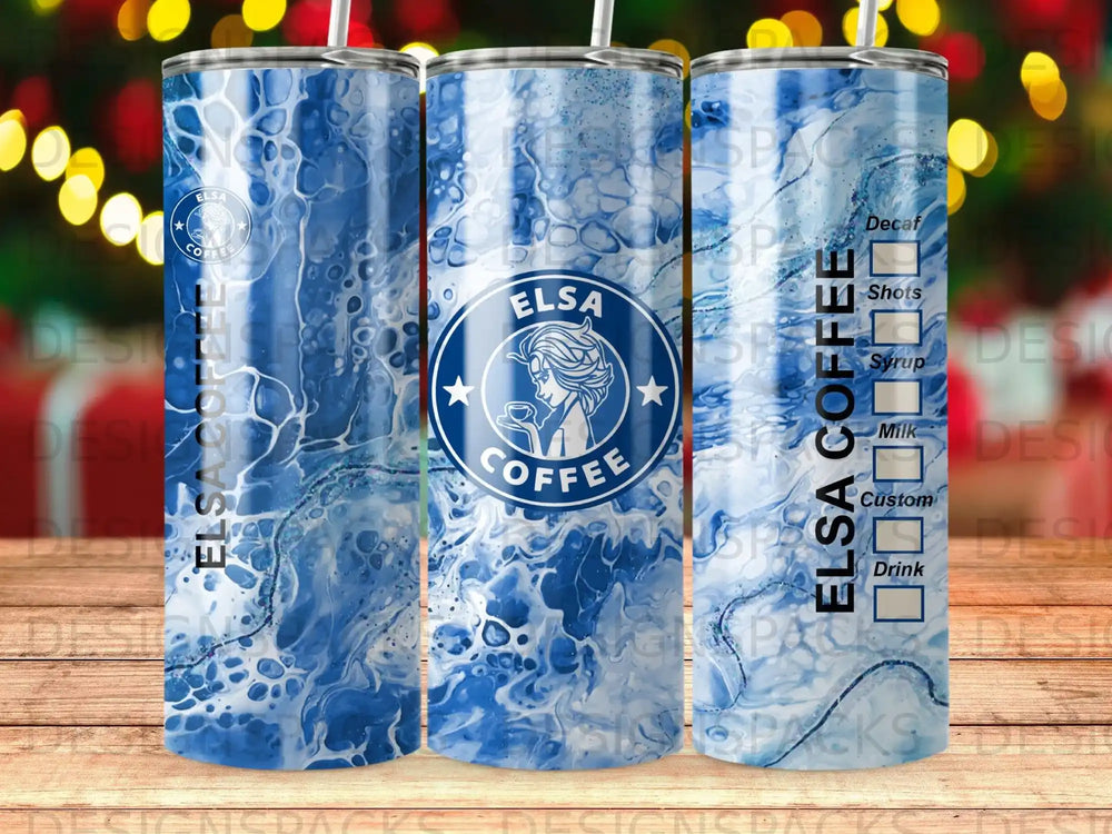 Elsa coffee tumbler with blue marble design and beverage options.