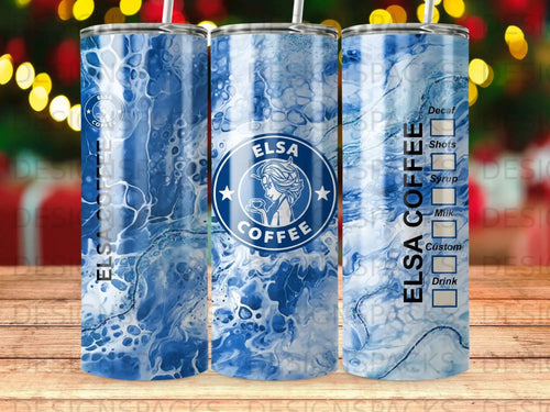 Elsa coffee tumbler with blue marble design and beverage options.