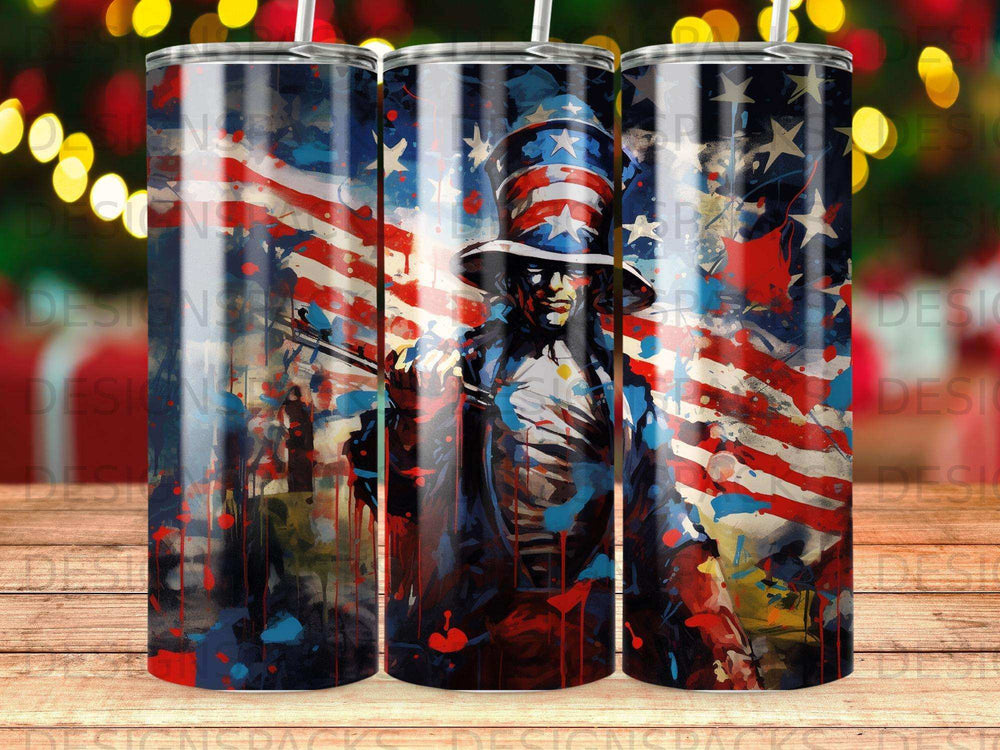 Patriotic man in Uncle Sam hat against American flag background.