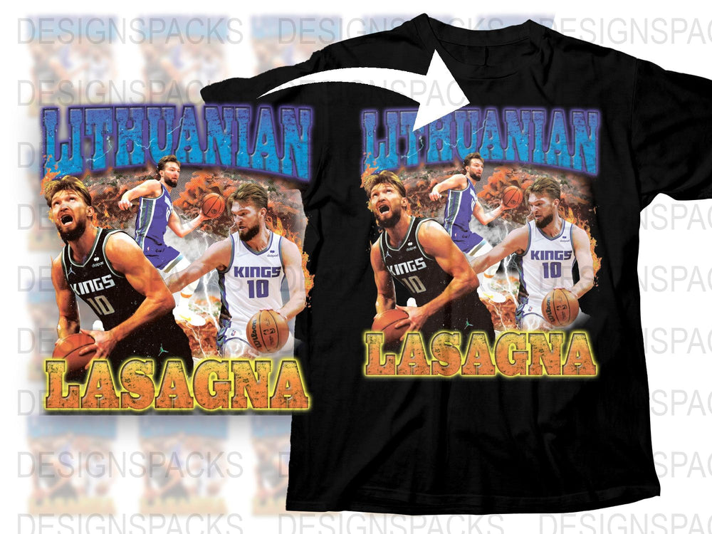 Lithuanian Basketball Player Graphic T-Shirt, Vintage Sports Tee, Unique Lasagna Text Design, Kings Fan Apparel