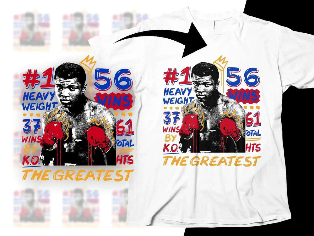 Boxing t-shirt design featuring Muhammad Ali stats: 56 wins, 37 KOs, #1 Heavyweight, The Greatest — print-ready PNG, SVG, PES
