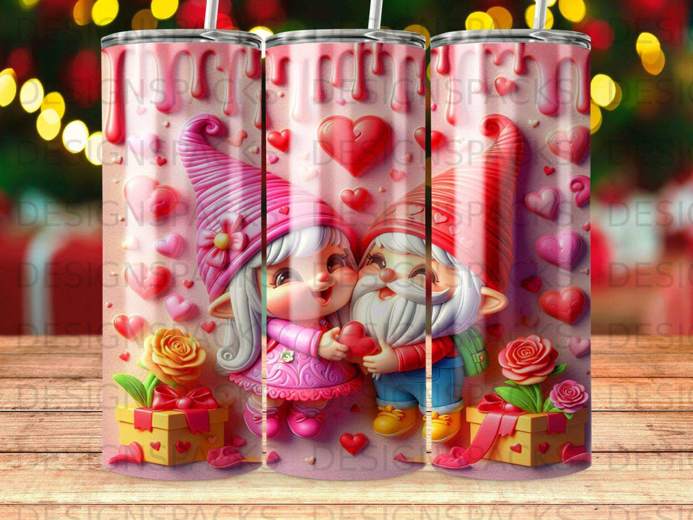 Two gnomes in pink hats embrace, surrounded by hearts and gift boxes.