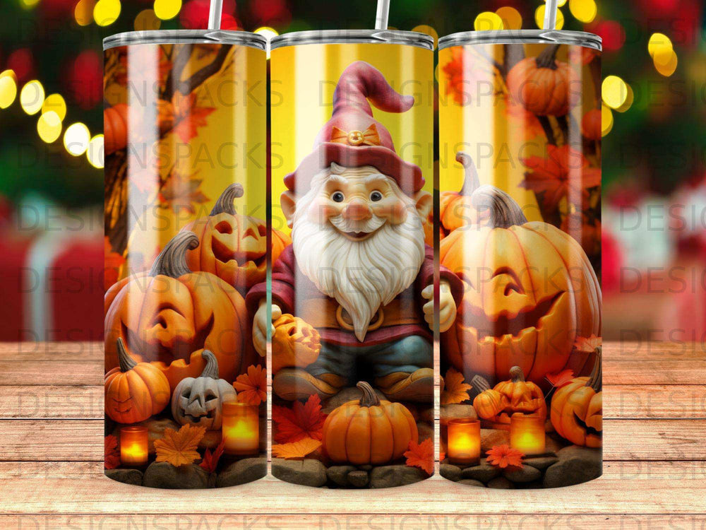 Gnome holding pumpkin surrounded by autumn leaves and gourds on a wooden surface.