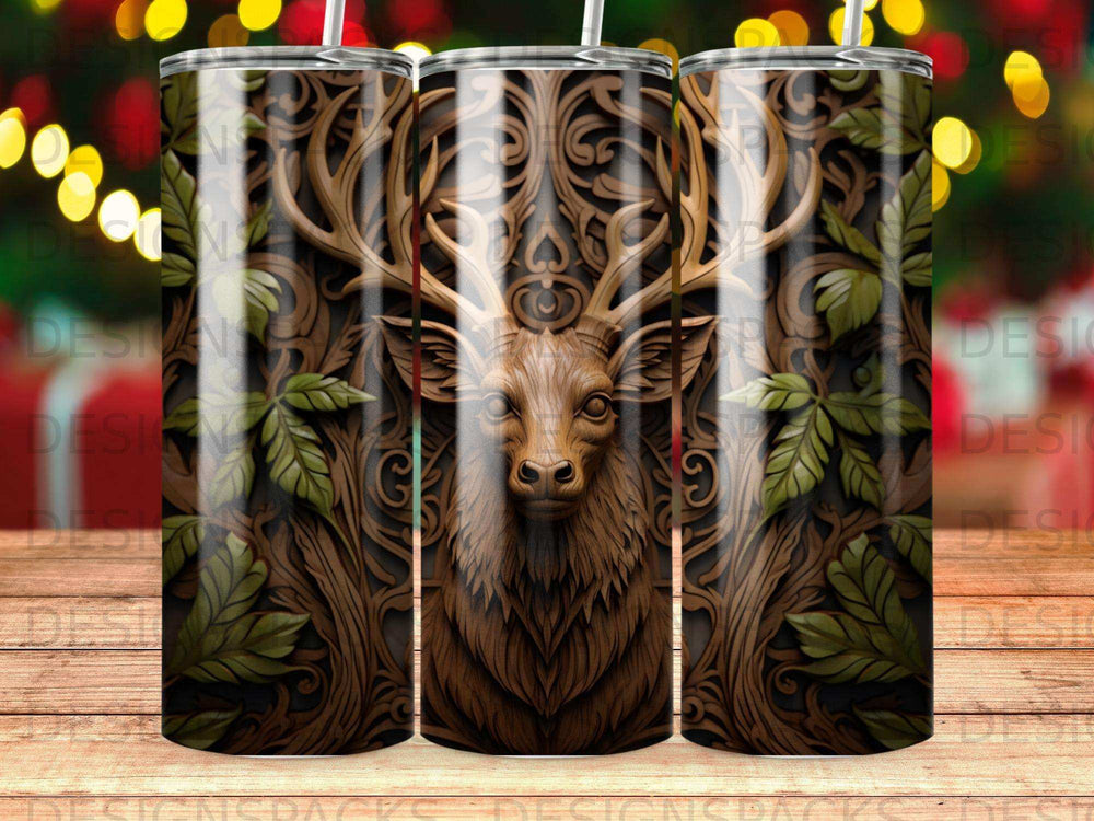Wood grain tumbler with carved deer head and forest leaves design.