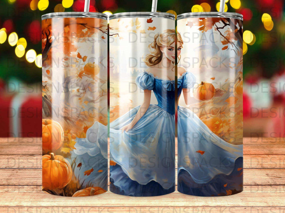 Woman in blue dress holding pumpkin with autumn leaves and pumpkins.