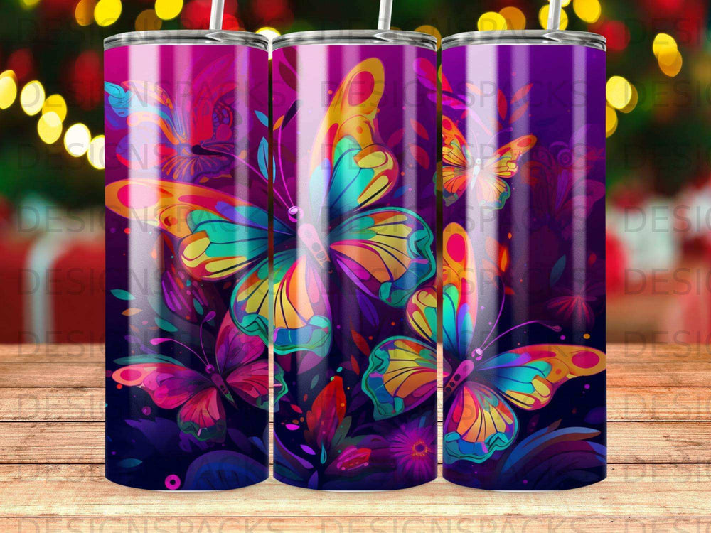 Vibrant, colorful butterflies and foliage on a purple background.