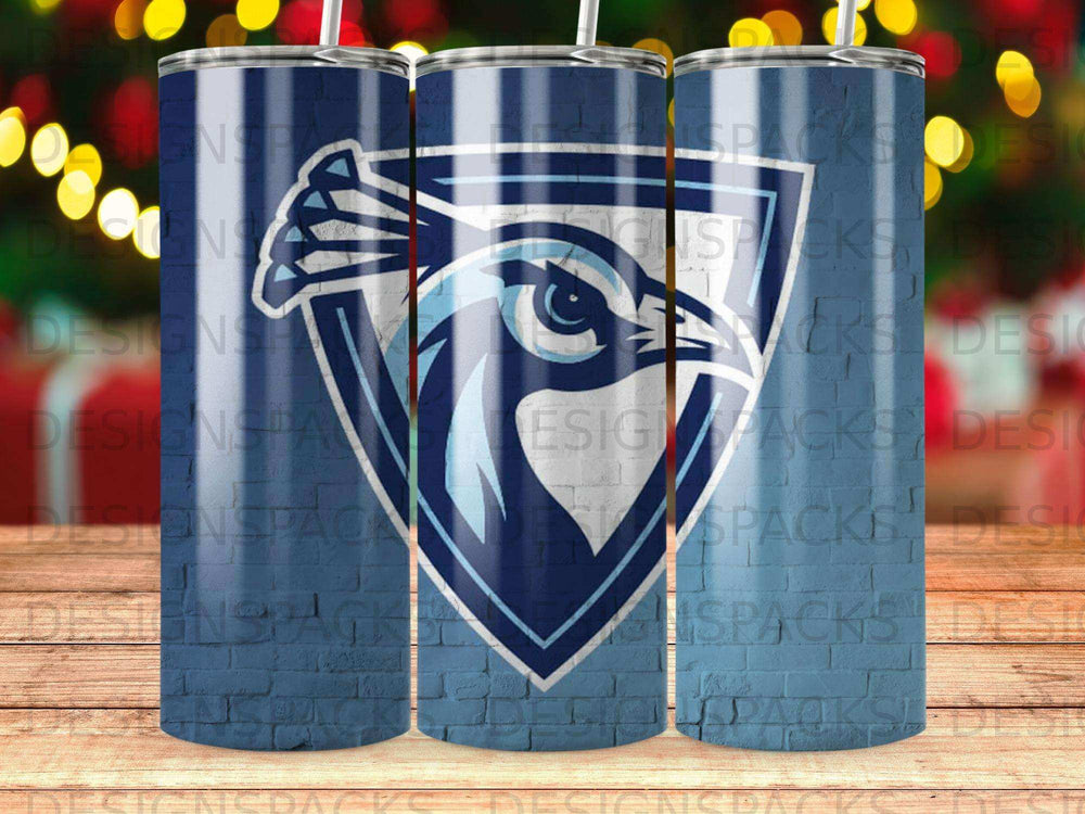 Blue jay logo on a brick-patterned tumbler.