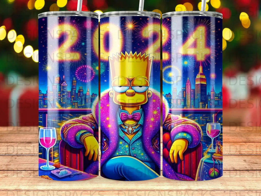 Bart Simpson in flashy attire sitting with drinks, celebrating New Year's Eve 2024.