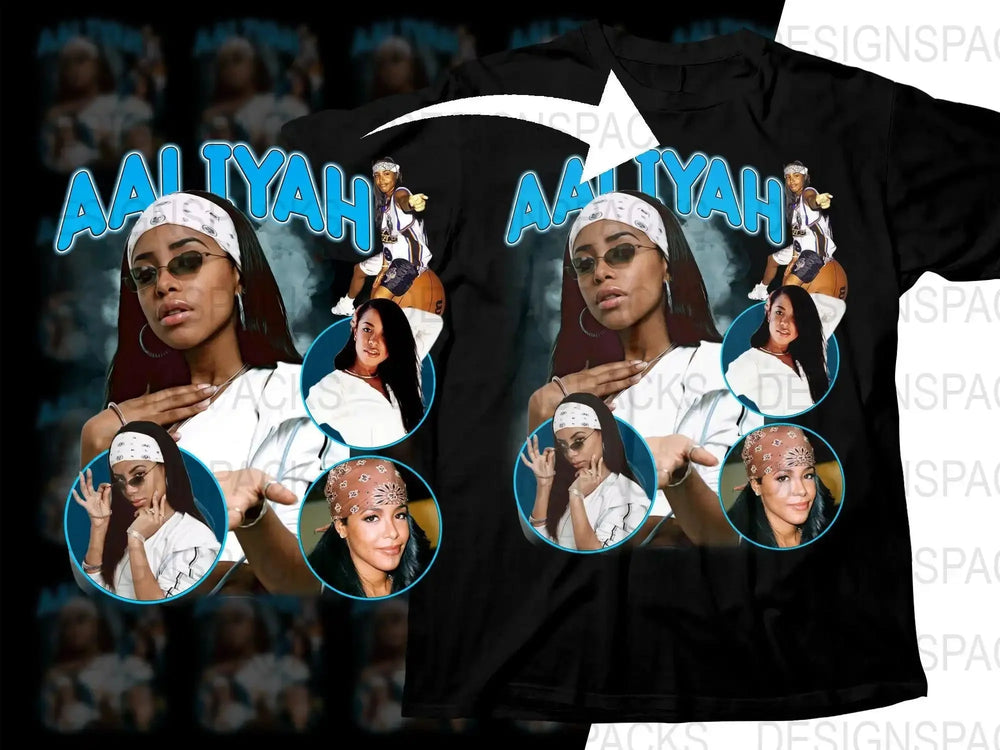 Aaliyah tribute t-shirt design with collage photos, blue text, and bandana graphics for DTG/DTF printing