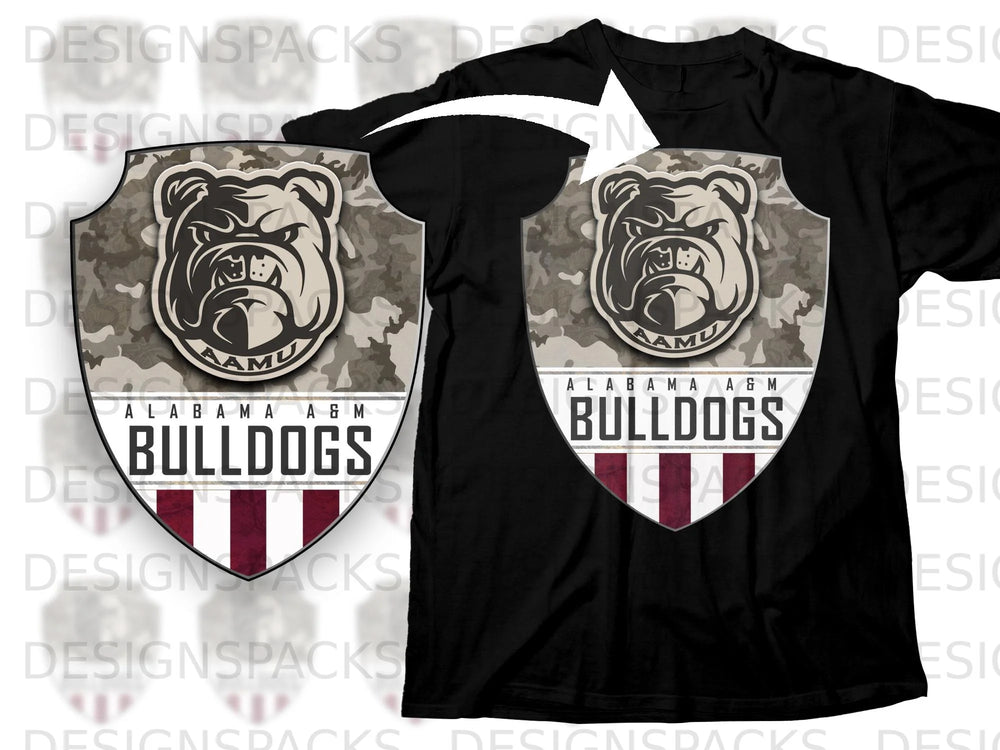 Alabama A&M Bulldogs shield logo with camouflage background on a black t-shirt.