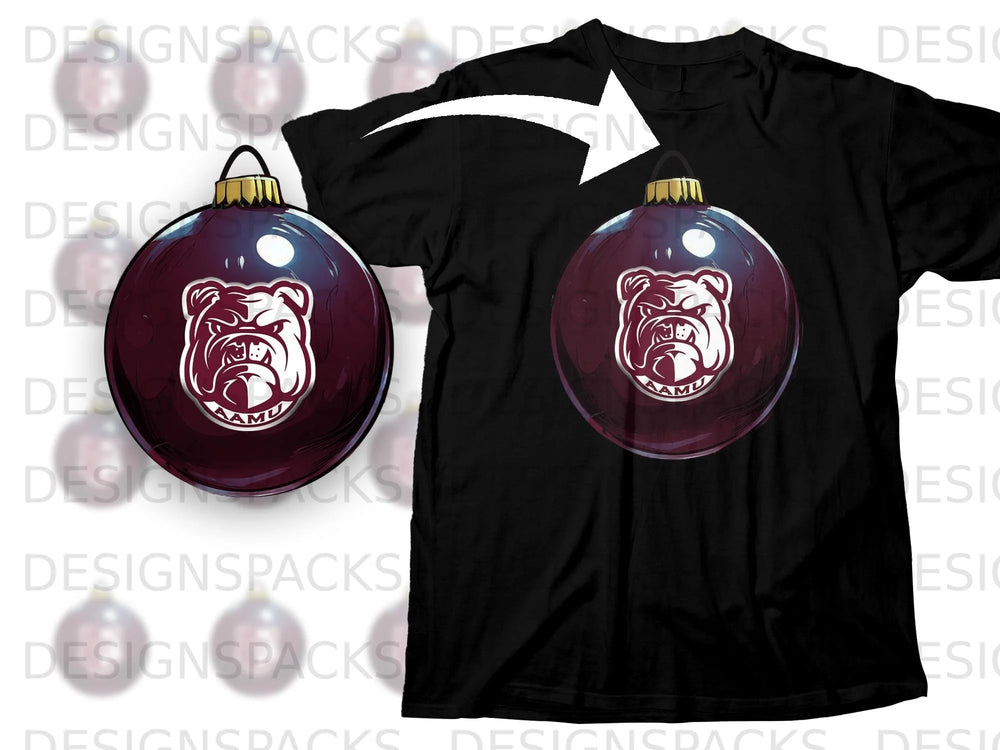 Black t-shirt featuring a maroon Christmas ornament with the AAMU bulldog logo.