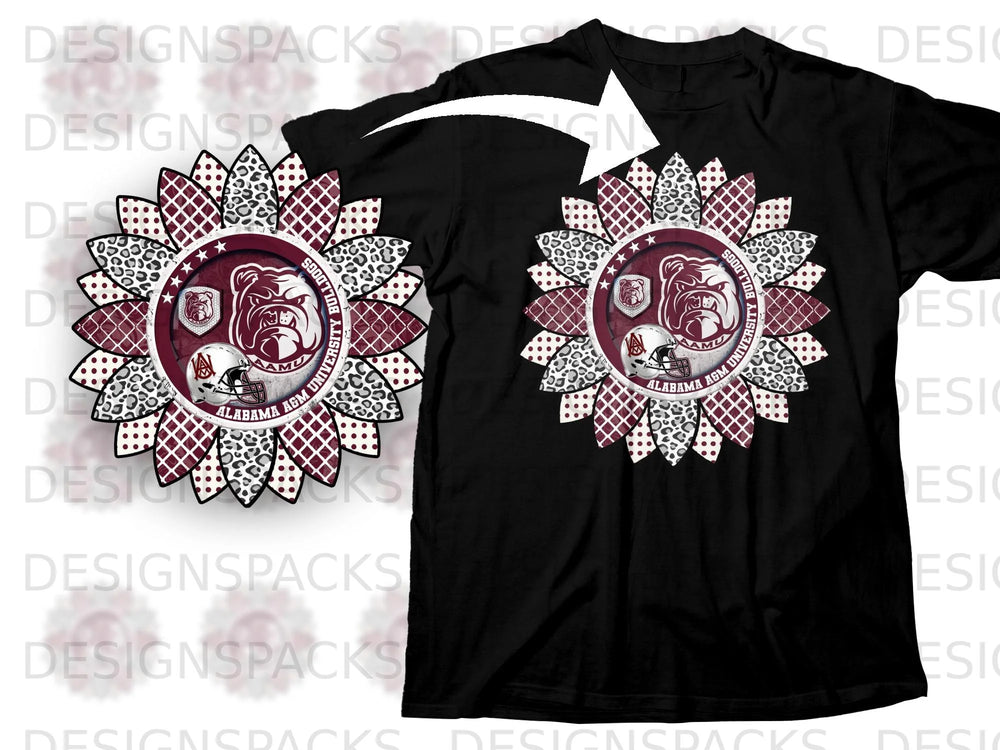 Sunflower graphic with Alabama A&M Bulldogs logo and football helmet on black shirt.