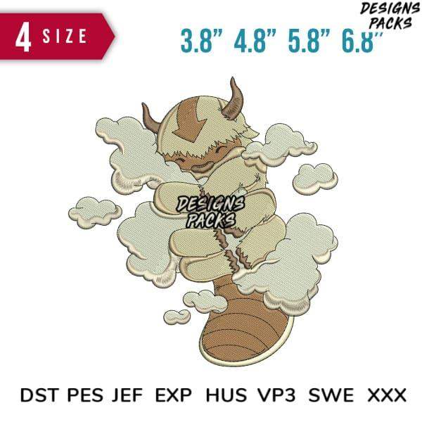 Embroidery design of cartoon bison with clouds, available in 4 sizes & multiple formats like PES, DST, EXP