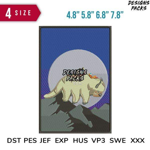 Dinosaur embroidery design with moon backdrop, available in PES, DST, JEF formats for instant download