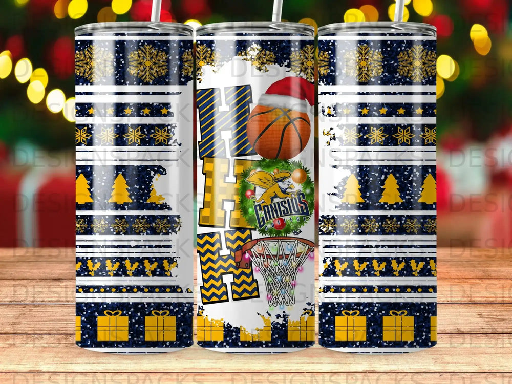 Blue and gold basketball tumbler with festive holiday pattern.