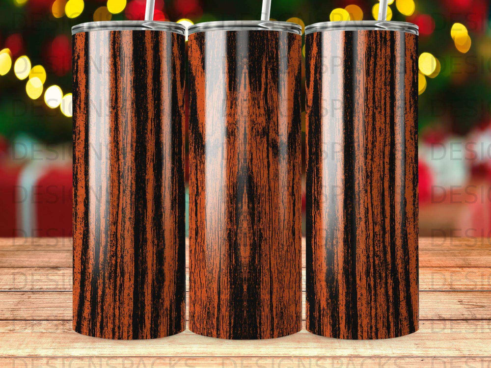 Three tumblers with a dark wood grain and orange stripe pattern.