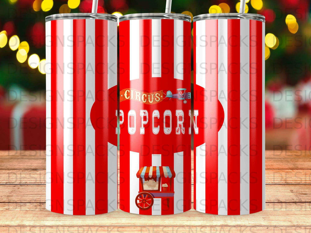 Red and white striped tumbler with "Circus Popcorn" and carnival cart graphics.