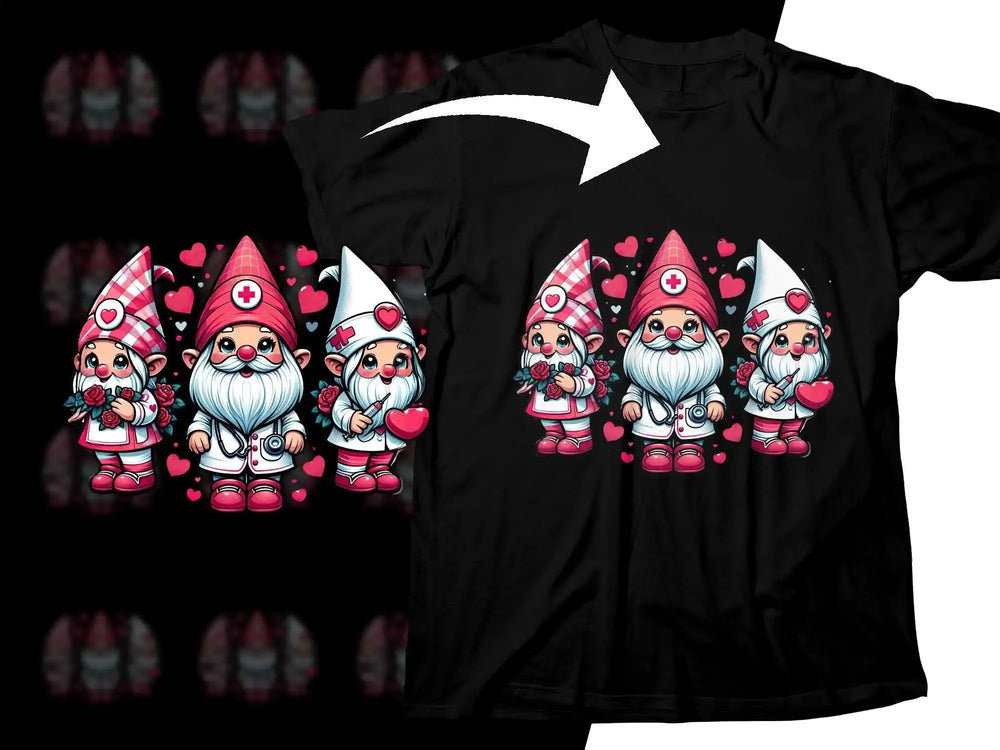 Cute medical gnomes with hearts and roses on black t-shirt, perfect for DTF/DTG designs