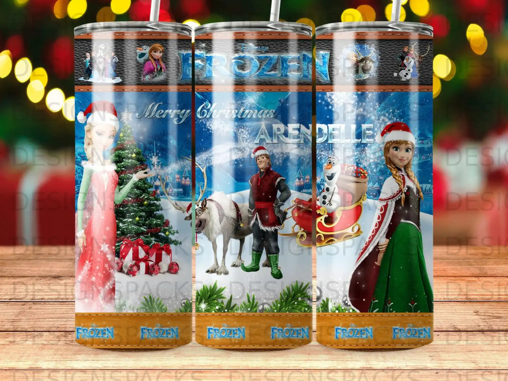 Frozen Christmas tumbler with characters and "Merry Christmas Arendelle" text.