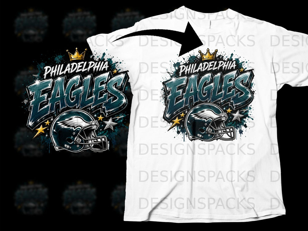 Philadelphia Eagles helmet and text graphic on white t-shirt.