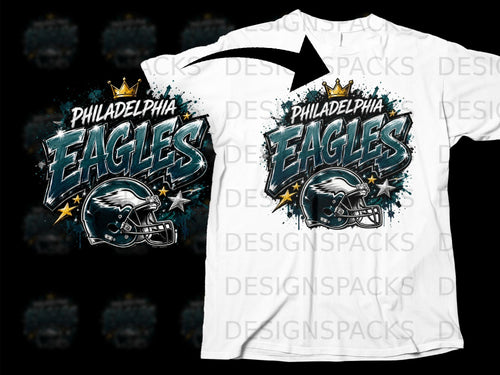 Philadelphia Eagles helmet and text graphic on white t-shirt.